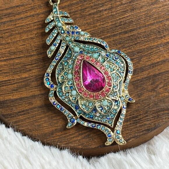 Betsey Johnson Necklace Bohemian-Style Crystal Rhinestone Peacock Feather Beaded - Picture 2 of 9